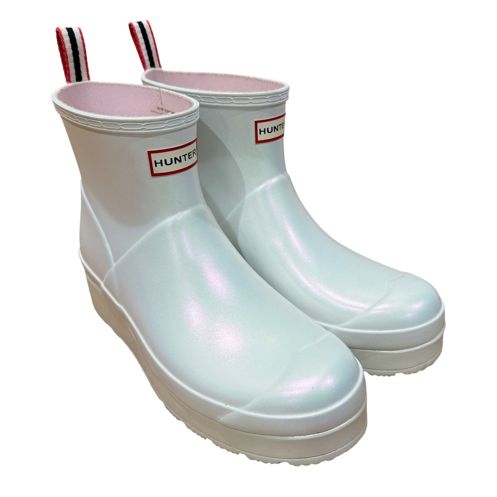 Hunter Iridescent Pearl White Play Short Platform Rain Boots Womens 11 UK 9